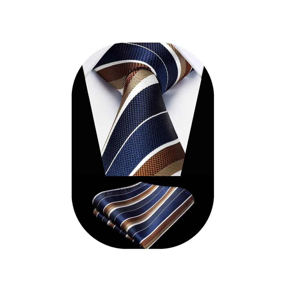 1261 Gold Blue Stripe Tie Handkerchief Woven Classic 's Necktie & Pocket